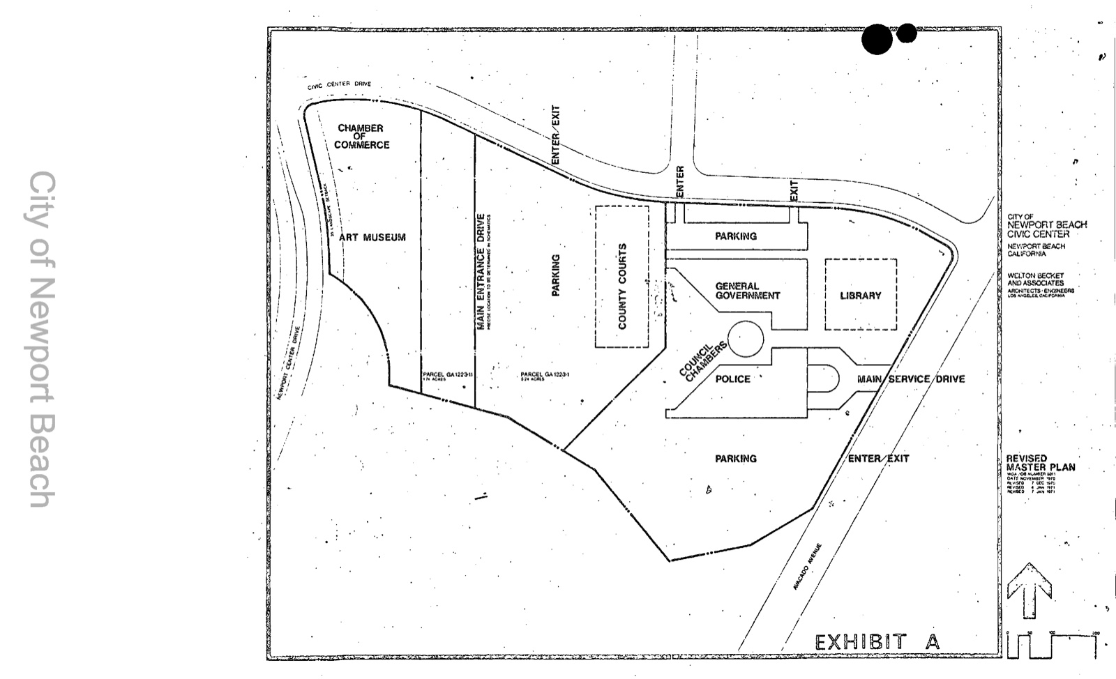 The 1971 Newport Beach Civic Center Revised Master Plan by Welton Becket and Associates, showing a Police building at the civic core alongside Council Chambers, General Government, and the Library